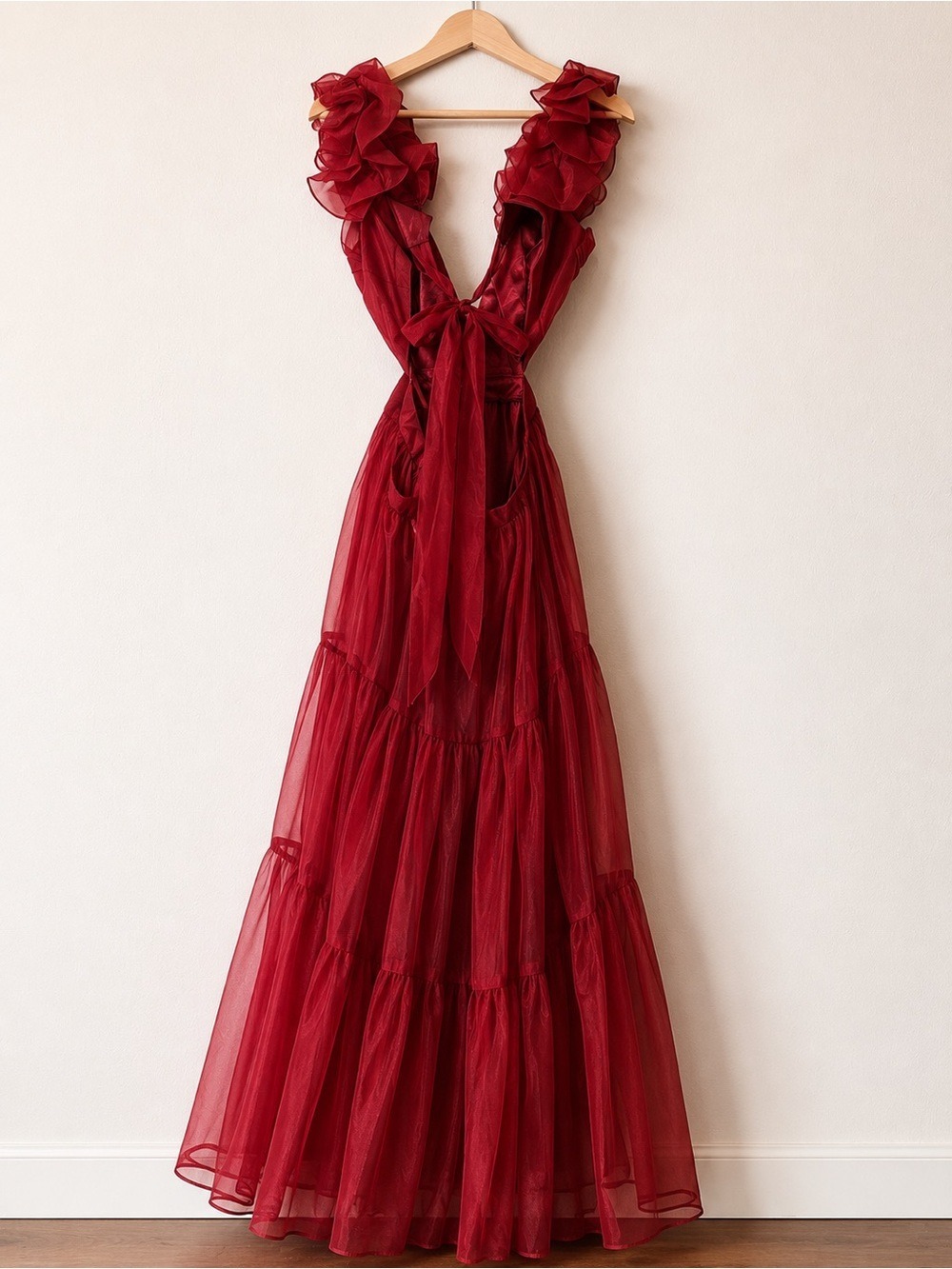 NWT Mac Duggal 49528 Wine Organza Ruffle Plunge Tie Back Maxi Gown Sz 2 - Picture 3 of 15